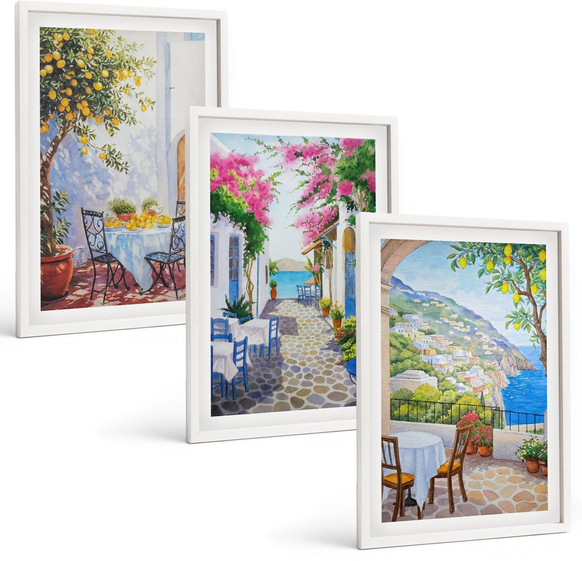 Wallfluent 3-Delige Schilderij Set - Sfeervolle Straatjes Met Bloeiende Planten En Uitzicht Op Zee. - 40 x 60 - Moderne Wanddecoratie - Slaapkamer - Muurdecoratie