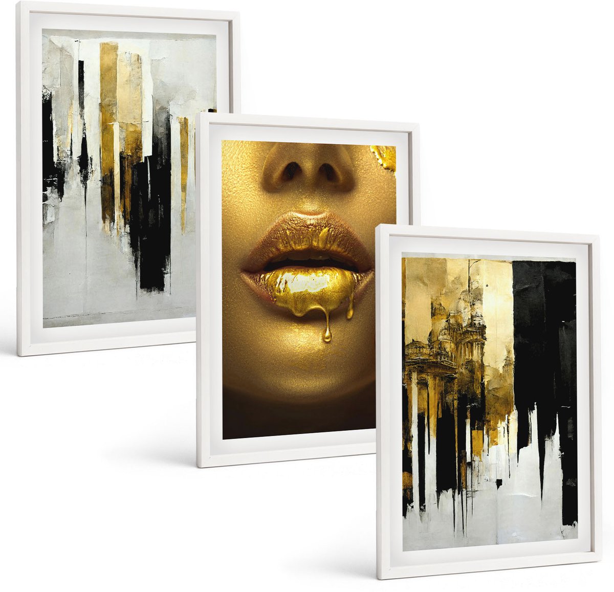 Wallfluent 3-Delige Schilderij Set - Abstracte Schilderkunst En Portret Van Een Vrouw - 40 x 60 - Decoratieve Schilderijen - Woonkamer - Interieur