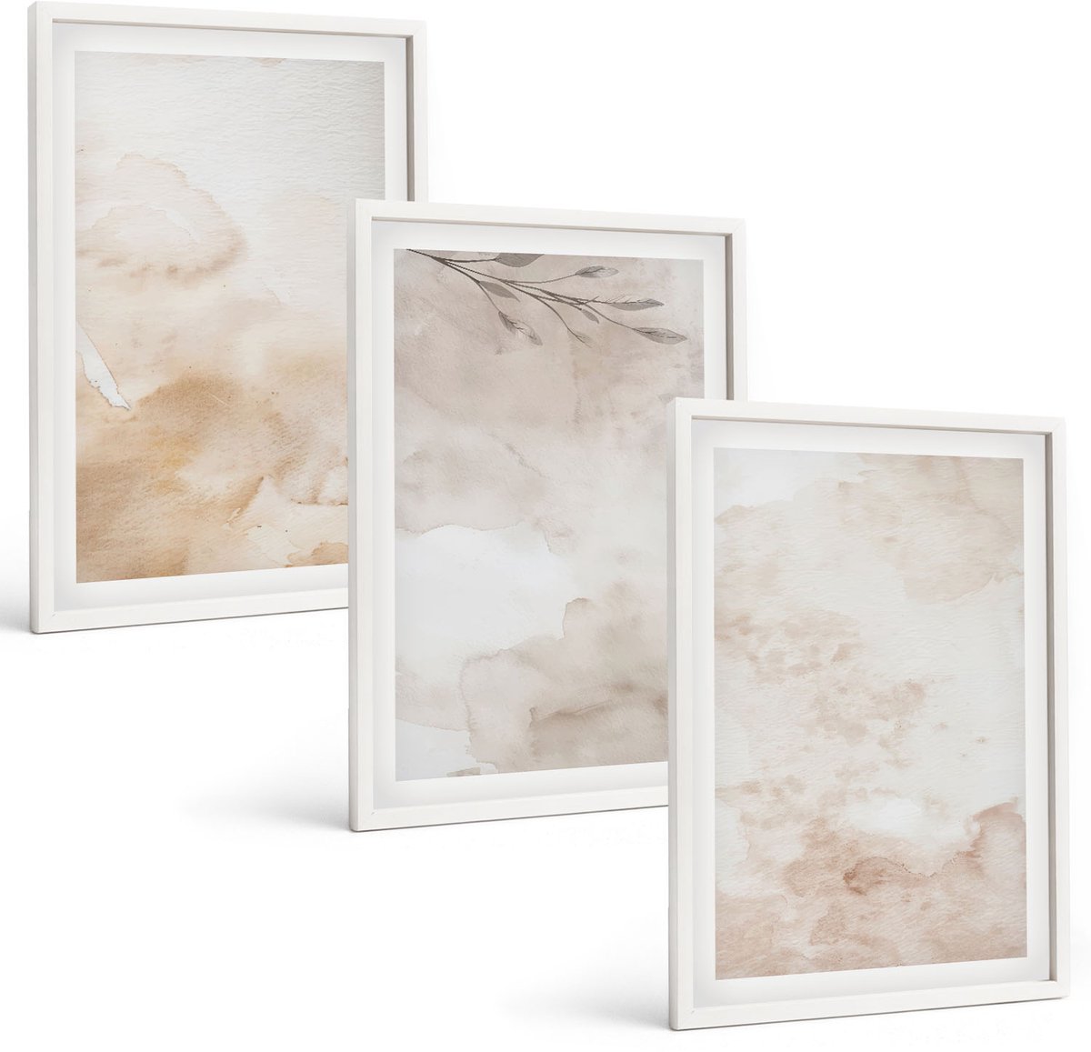 Wallfluent 3-Delige Schilderij Set - Aquarelvlekken En Bladeren In Pastelkleuren - 40 x 60 - Muurdecoratie - Wanddecoratie - Slaapkamer - Stijlvolle Muurdecoratie