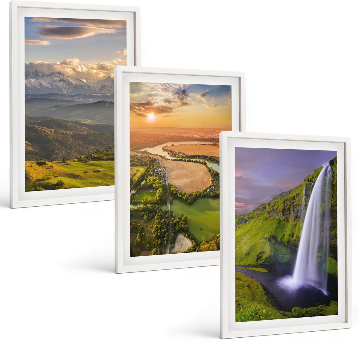 Wallfluent 3-Delige Schilderij Set - Uitzicht Op Een Bergrivier En Waterval In De Natuur. - 40 x 60 - Schilderijen Set - Wanddecoratie - Woonkamer - Muurdecoratie