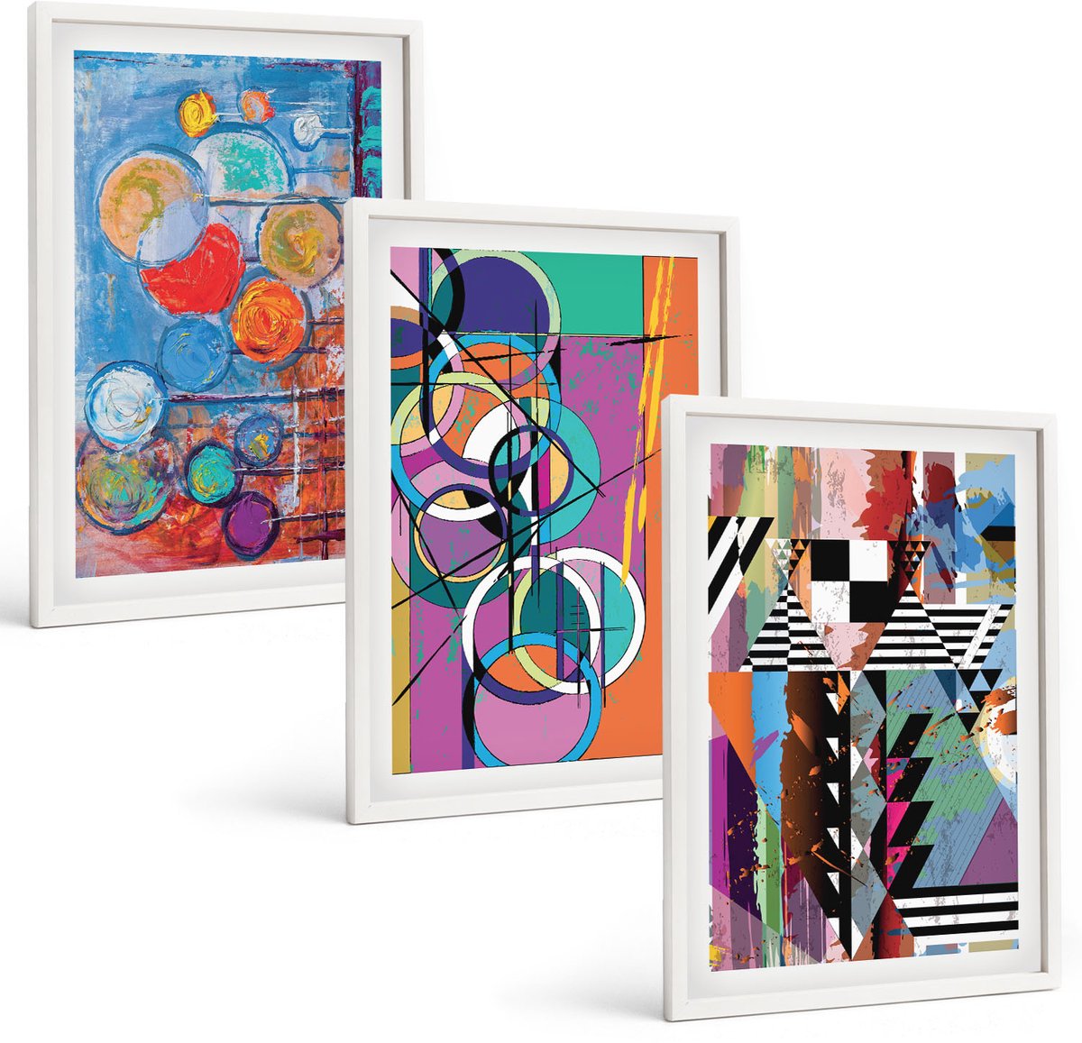 Wallfluent 3-Delige Schilderij Set - Kleurrijke Abstracties Met Cirkels En Geometrische Patronen - 40 x 60 - Muurdecoratie - Interieur Decoratie - Moderne Wanddecoratie