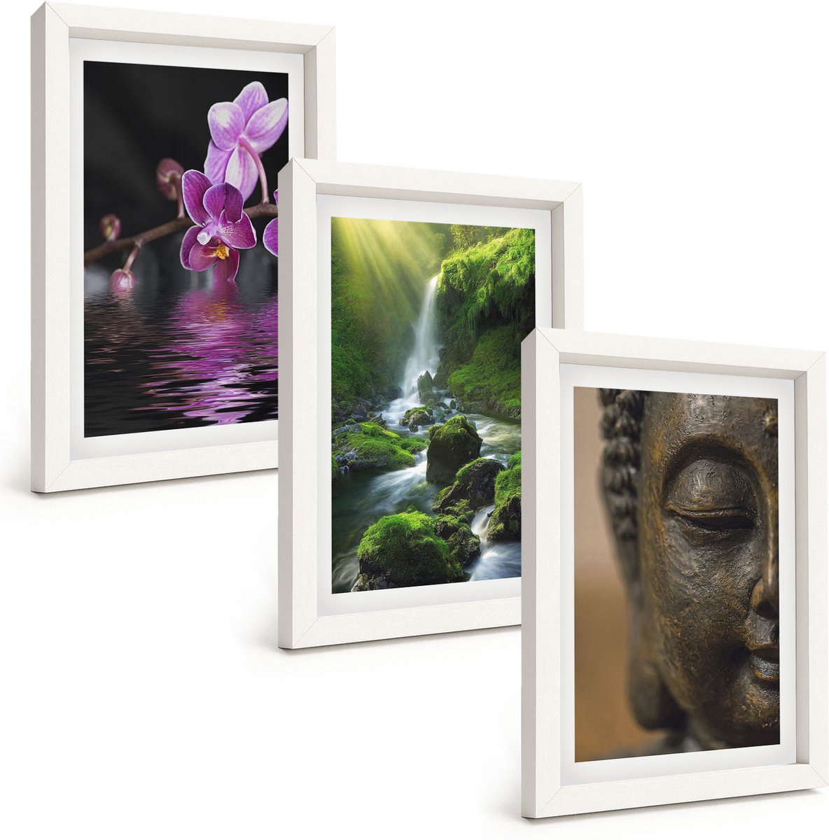 Wallfluent 3-Delige Schilderij Set - Bloemen In Het Water, Waterval Met Groene Rotsen, Boeddha - 20 x 30 - Stijlvolle Muurdecoratie - Slaapkamer - Woonkamer Decoratie