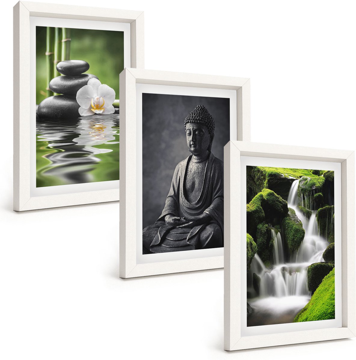 Wallfluent 3-Delige Schilderij Set - Rustgevende Zen-Afbeeldingen Met Water, Stenen En Boeddha - 20 x 30 - Decoratieve Schilderijen - Wanddecoratie - Hal