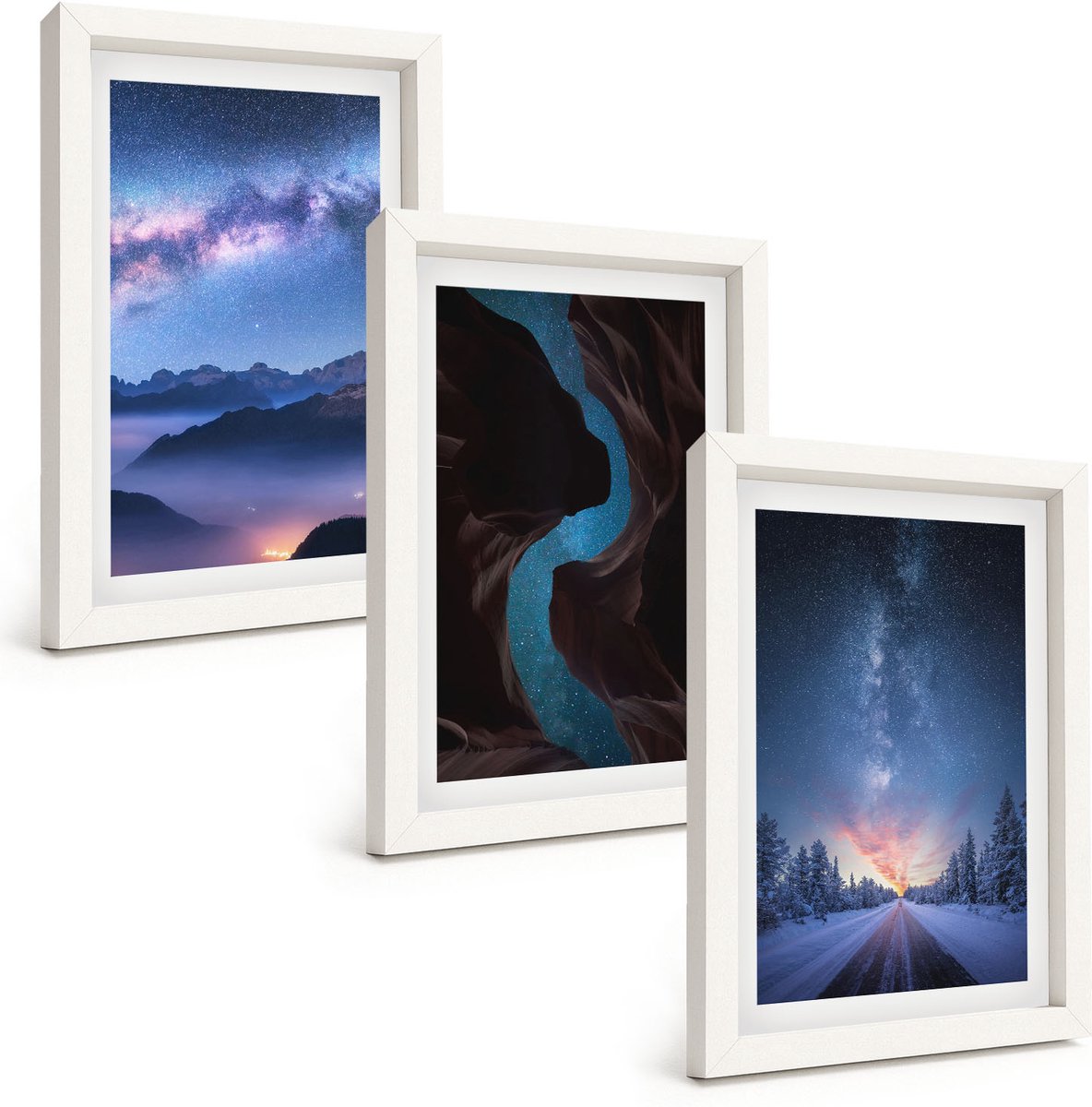 Wallfluent 3-Delige Schilderij Set - Nachtelijke Hemel, Bergen, Kloof En Winterlandschap - 20 x 30 - Decoratieve Schilderijen - Woonkamer - Interieur