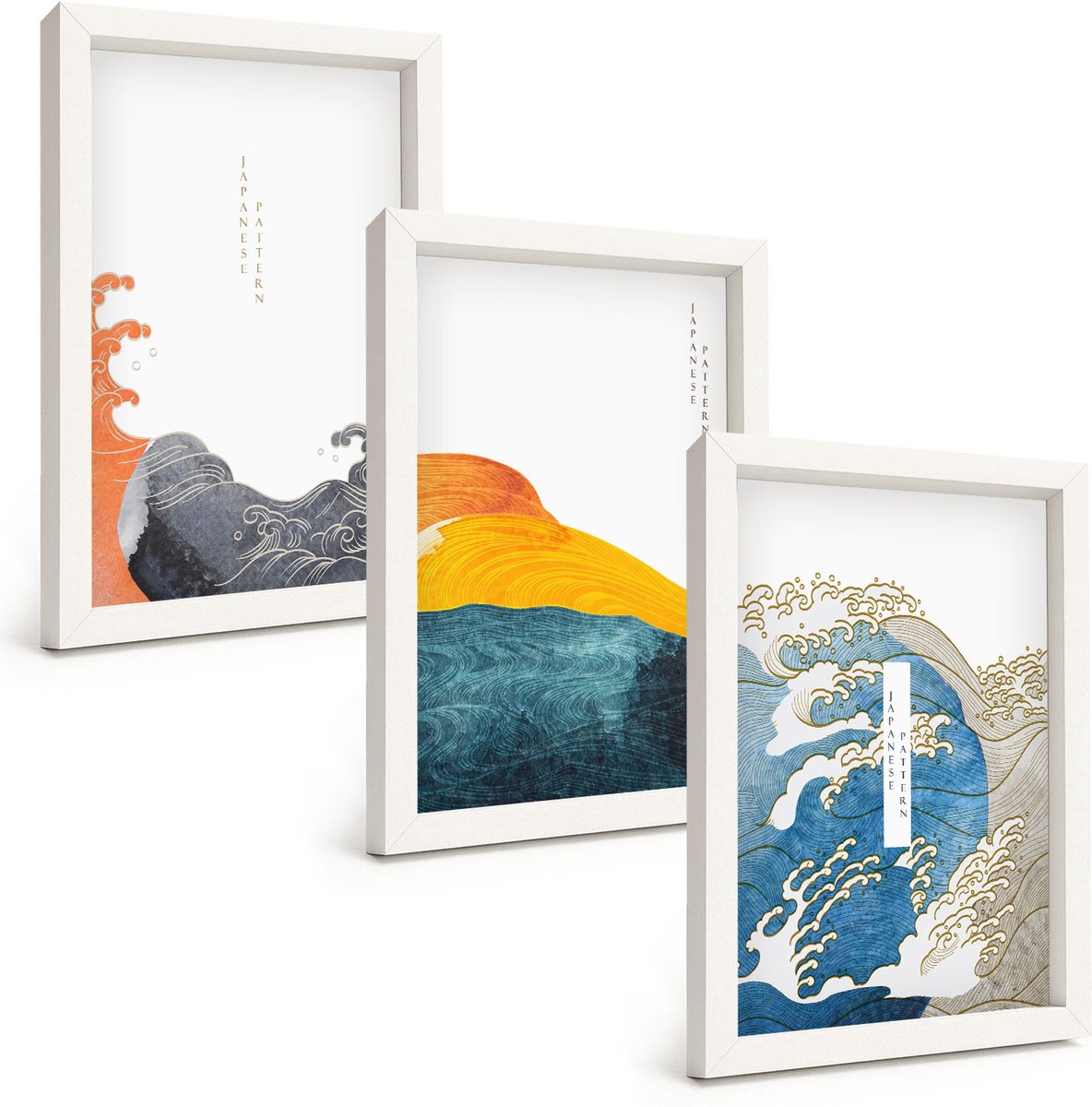 Wallfluent 3-Delige Schilderij Set - Golven In Japanse Grafische Stijl - 20 x 30 - Moderne Wanddecoratie - Slaapkamer - Woonkamer Decoratie