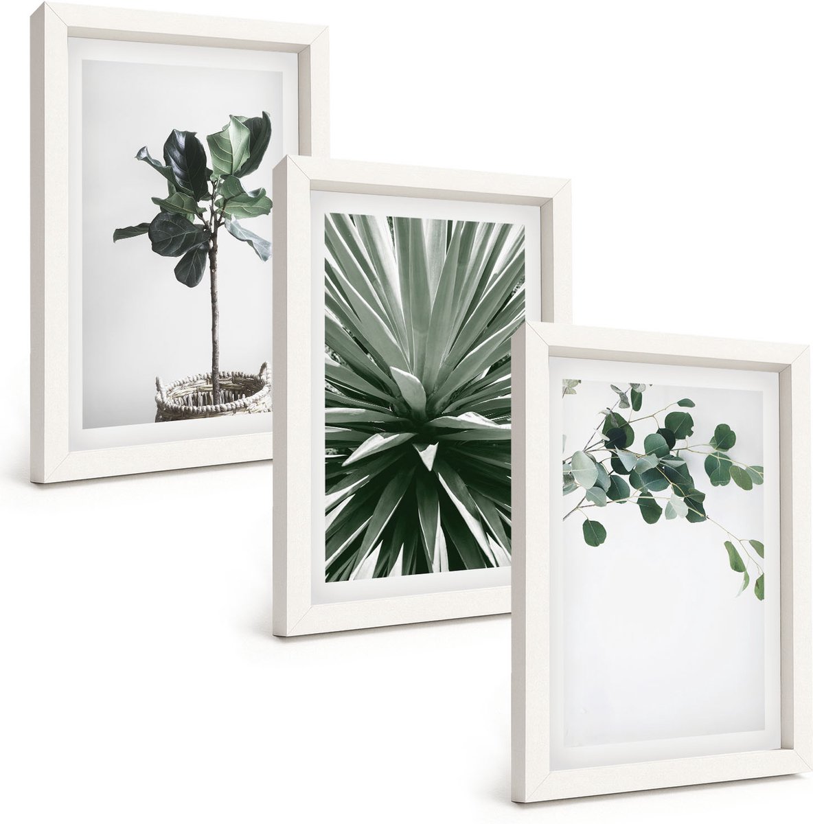 Wallfluent 3-Delige Schilderij Set - Groene Planten In Een Minimalistische Stijl - 20 x 30 - Decoratieve Schilderijen - Woonkamer - Interieur - Moderne Wanddecoratie