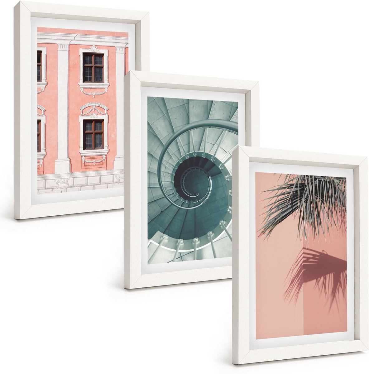 Wallfluent 3-Delige Schilderij Set - Pastelkleurige Architectuur En Spiraalpatronen - 20 x 30 - Moderne Wanddecoratie - Slaapkamer - Decoratieve Schilderijen