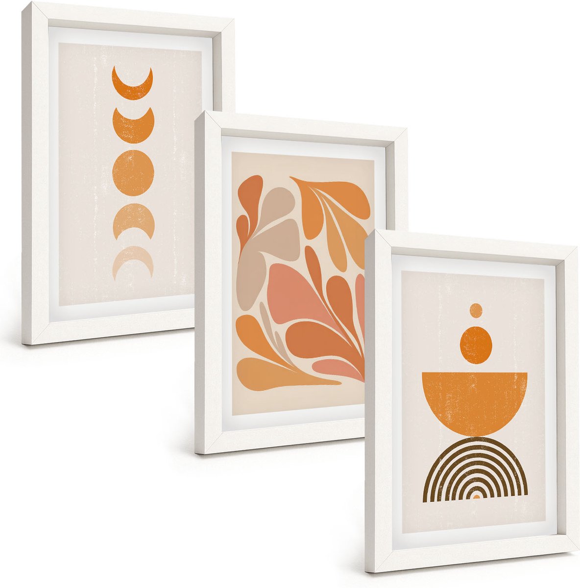 Wallfluent 3-Delige Schilderij Set - Abstracte Vormen In Oranje Tinten - 20 x 30 - Muurdecoratie - Decoratieve Schilderijen - Wohnzimmer - Woonkamer Decoratie