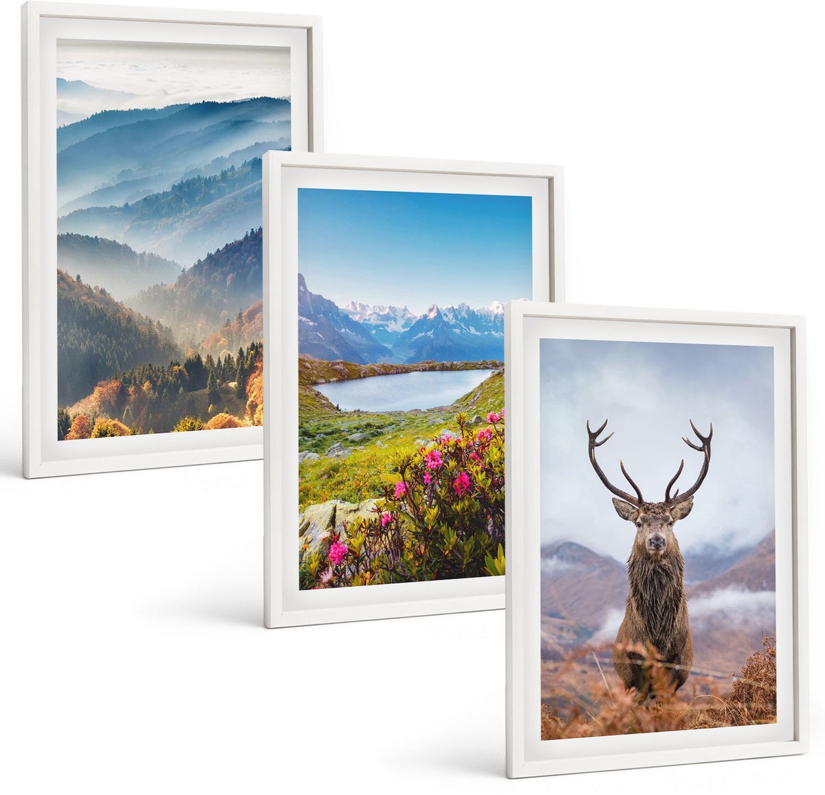 Wallfluent 3-Delige Schilderij Set - Berglandschappen Met Meer En Herten In De Natuur - 40 x 60 - Muurdecoratie - Schilderijen Set - Woonkamer - Interieur Decoratie