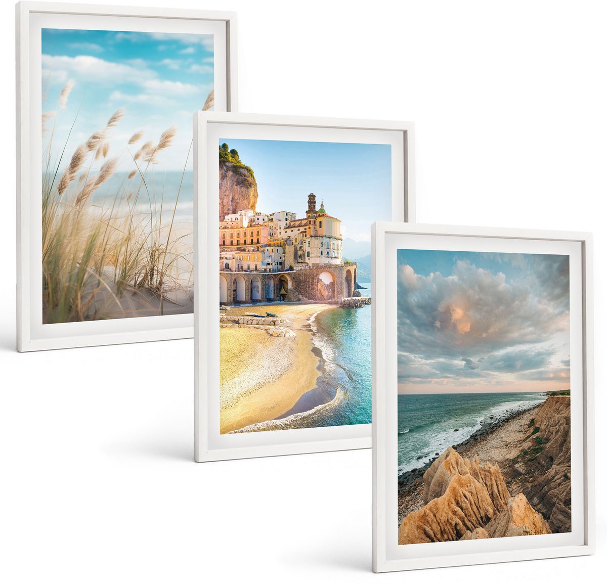 Wallfluent 3-Delige Schilderij Set - Kustlandschappen Met Strand, Stad En Kliffen - 40 x 60 - Muurdecoratie - Wanddecoratie - Slaapkamer - Woonkamer Decoratie
