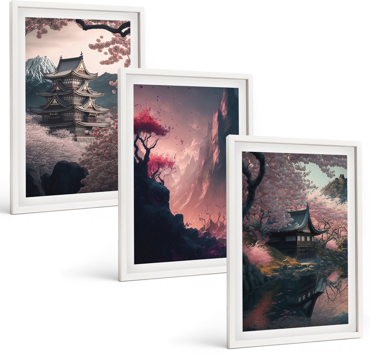Wallfluent 3-Delige Schilderij Set - Fantasielandschappen Van Japan Berglandschappen - 40 x 60 - Muurdecoratie - Wanddecoratie - Slaapkamer - Interieur Decoratie