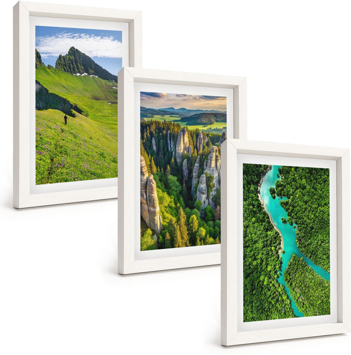 Wallfluent 3-Delige Schilderij Set - Groene Berglandschappen Met Rivier En Rotsen - 20 x 30 - Wanddecoratie - Schilderijen Set - Kantoor - Interieur Decoratie