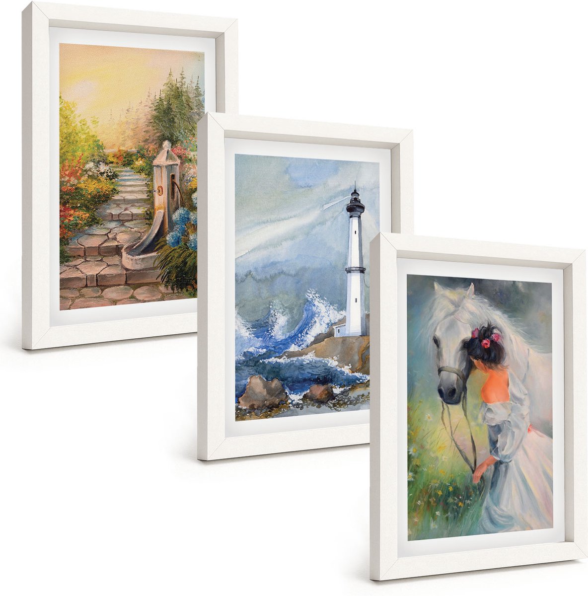 Wallfluent 3-Delige Schilderij Set - Natuurlandschap, Vuurtoren En Meisje Met Paard - 20 x 30 - Stijlvolle Wanddecoratie - Interieur - Decoratieve Schilderijen