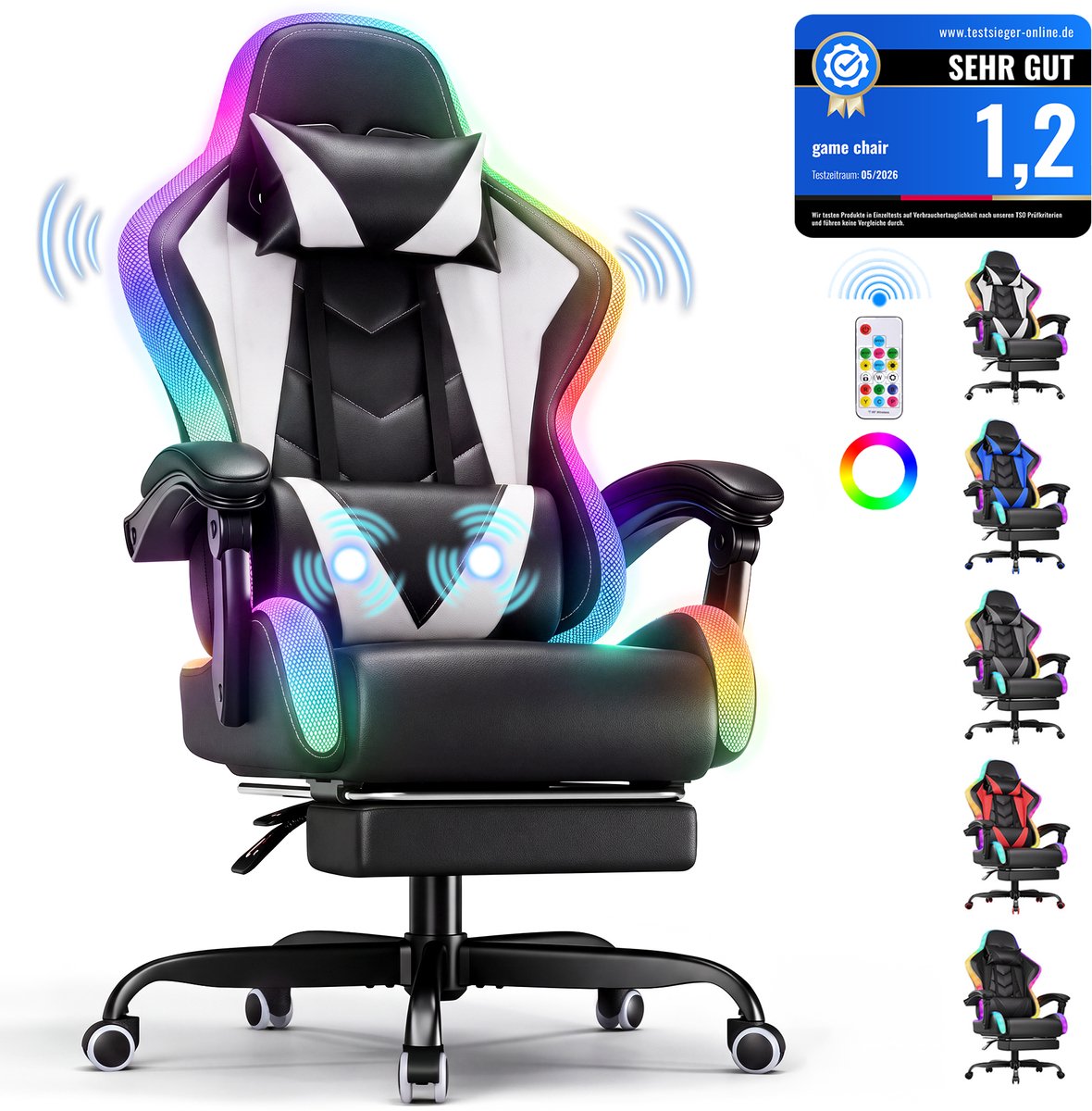 Devoko Game Stoel met ledverlichting-Ergonomische Gamestoel-Gaming chair met voetensteun-Bureaustoel met hoofdsteun en taille massage-Zwart wit