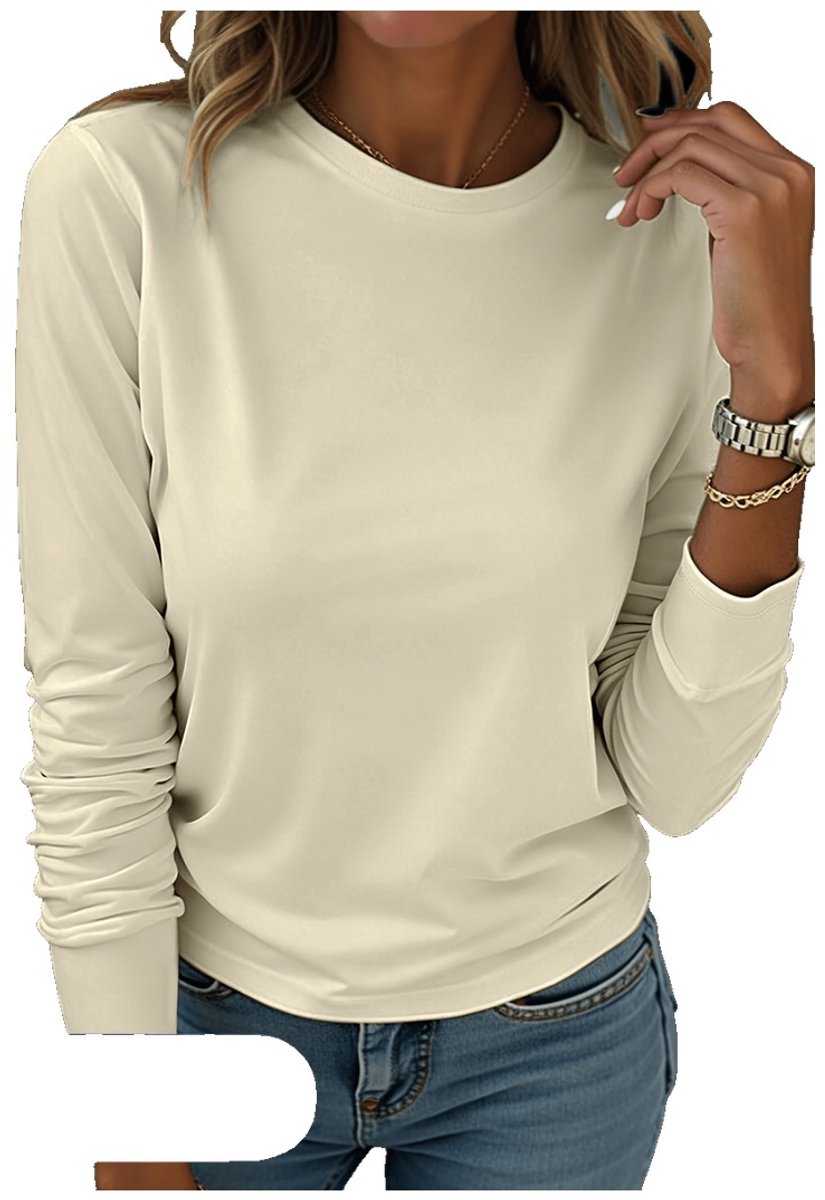 Currero Longsleeve Dames Oversized Lange Mouwen Shirt Roundneck Vrouwen Kleding T-Shirt Abrikoos