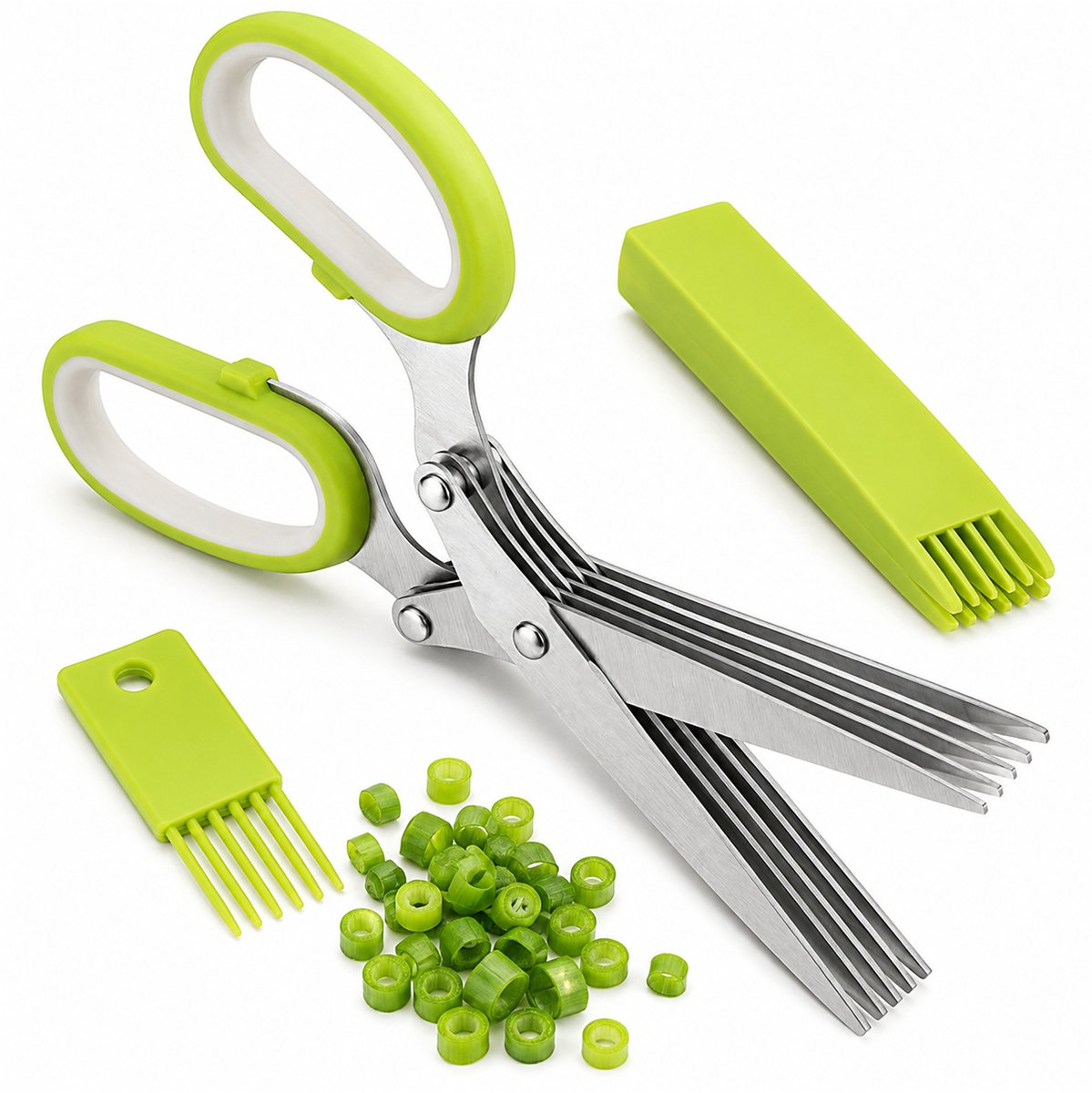 Kaiyaya - Kruidenschaar Set - Multifunctionele keukenschaar - RVS - 5-laags - Voor bieslook, peterselie, basilicum - Groen wit, 19,4cm