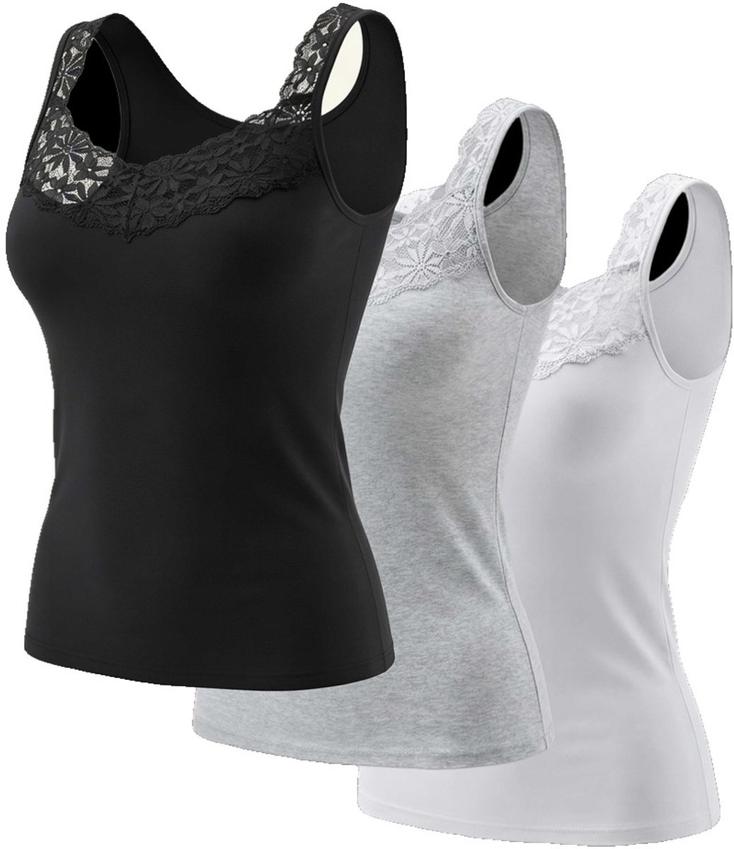 Currero Top Met Kant Dames - Topje - Kleding - Shirt - Blouse - Kort - Volwassen - Zwart + Wit + Grijs