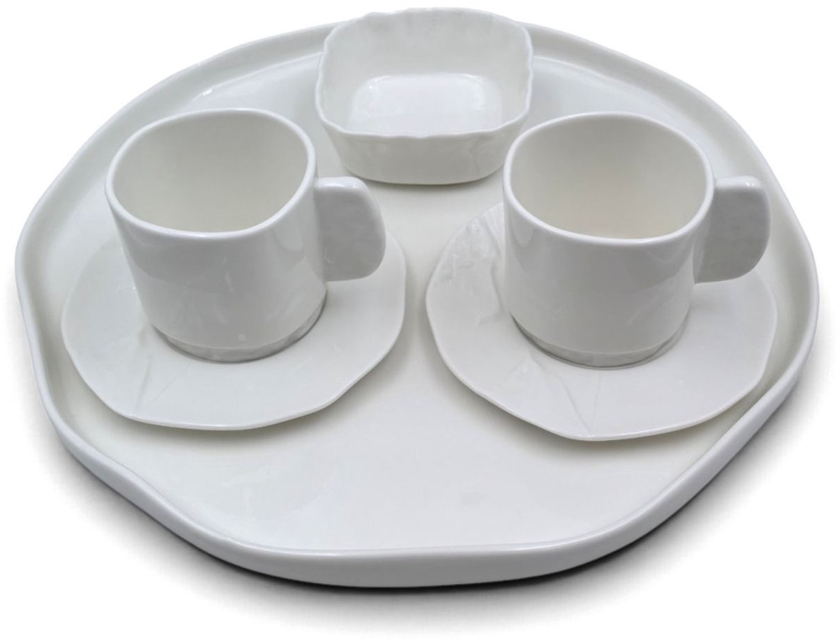 Bricard Barlin - Ontbijtset - 6-delig - 2-Persoons - Koffiekopjes, Kom & Dienblad - Wit - Porselein