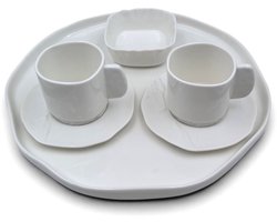 Bricard Barlin - Ontbijtset - 6-delig - 2-Persoons - Koffiekopjes, Kom & Dienblad - Wit - Porselein
