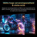 Gamingmonitor met 180Hz weergave van een motorrijder op een neon-verlichte motor, 180Hz en 100Hz op scherm.