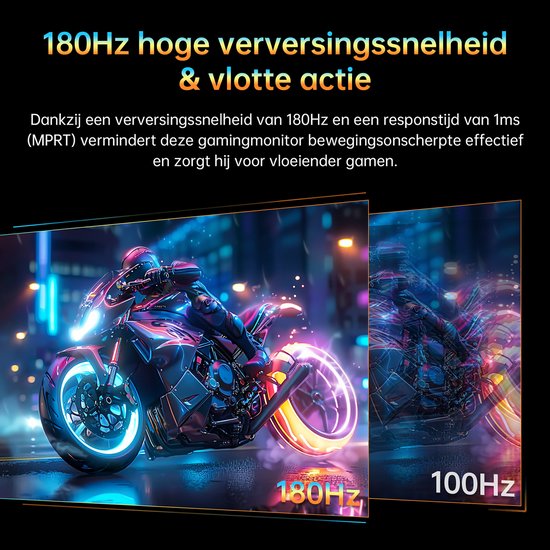 Gamingmonitor met 180Hz weergave van een motorrijder op een neon-verlichte motor, 180Hz en 100Hz op scherm.
