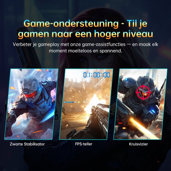 Trio van game-scènes ter illustratie van game-ondersteuning: Zwarte Stabilisator, FPS-teller, Kruisvizier.