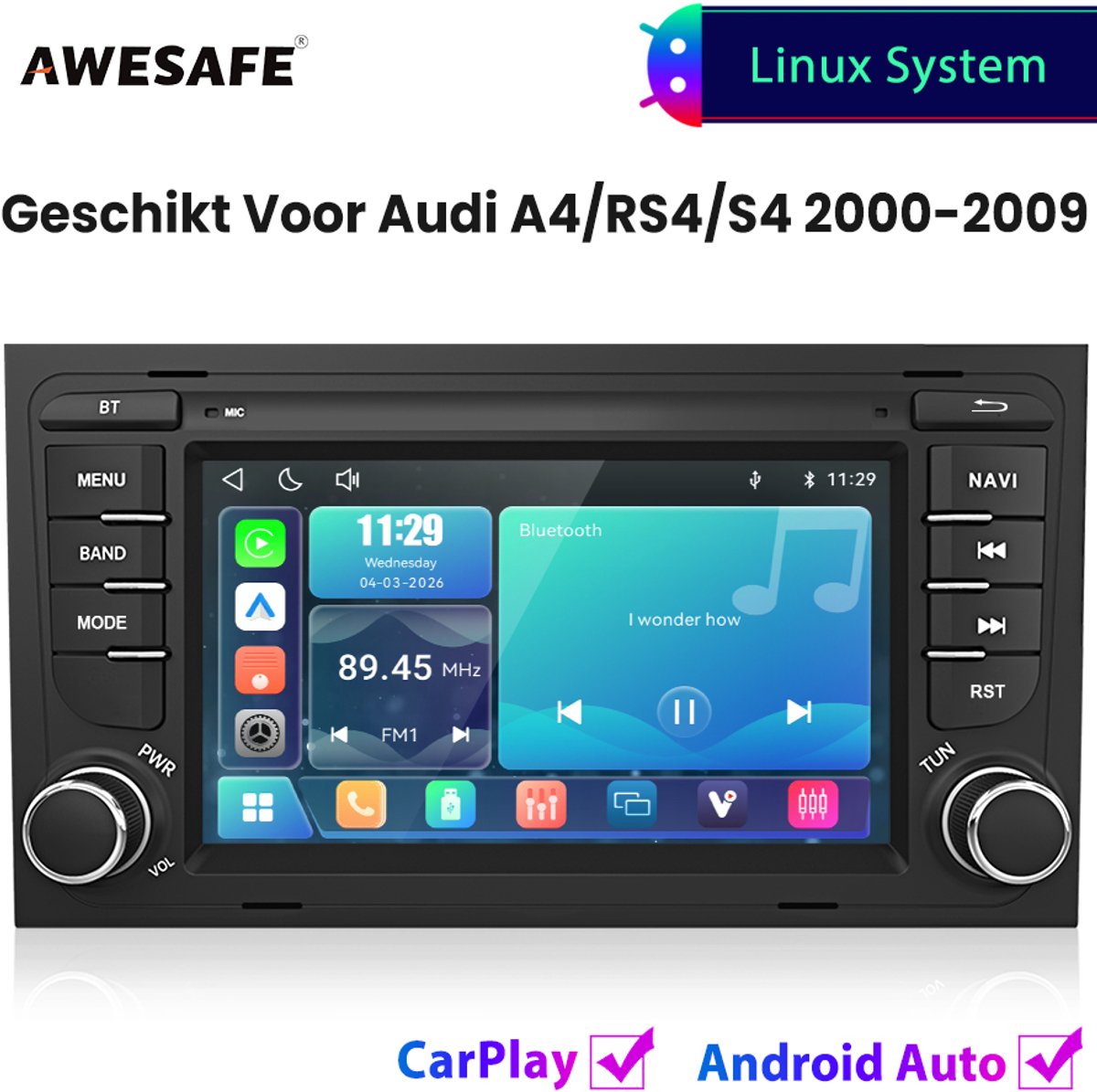 Awesafe Autoradio - Geschikt Voor Audi A4/RS4/S4 2000 t/m 2009 - Draadloos Carplay Android Auto - Linux systeem - 7 Inch Touchscreen - FM Radio Bluetooth EQ SWC Wifi Airplay - 2001 2002 2003 2004 2005 2006 2007 2008