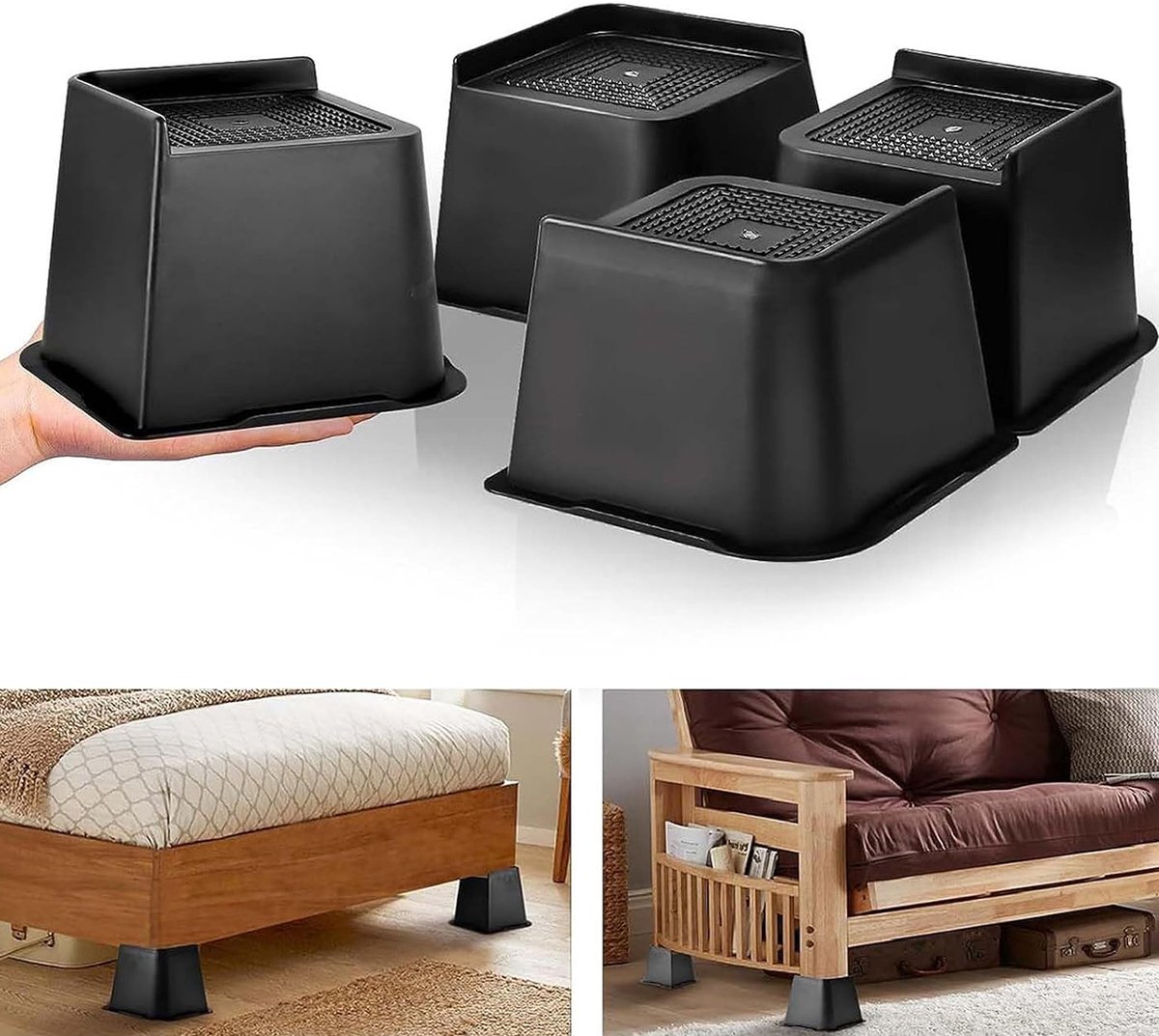 Bedverhogers 4 Inch - Zware Meubelverhogers - L-Vormig Ontwerp Bedliftblokken - Tot 6000 Pond - Geschikt Voor Bank Bureau En Sofa