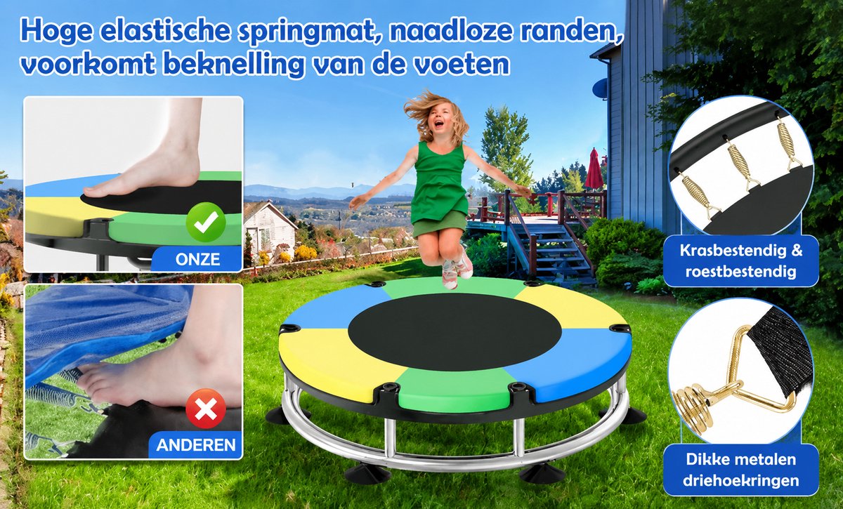 Trampoline Ø150 cm – Multifunctionele Kinder Trampoline met Basketbalring- Ringen en Hangmat – Stalen Frame – Meerkleurig — afbeelding 5