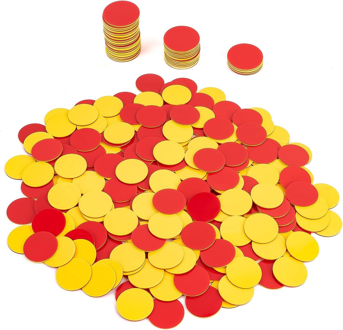 100 ronde telchips voor wiskunde, plastic telchips in twee kleuren (geel en rood).