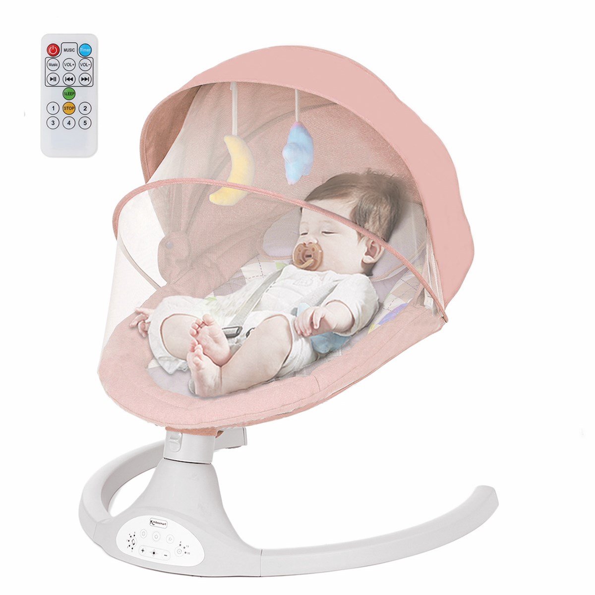 Elektrische Baby Wipstoel – Bluetooth, Afstandsbediening, 5 Trillingsstanden, Muziek, 5-Punts Veiligheidsgordel & Klamboe – Roze