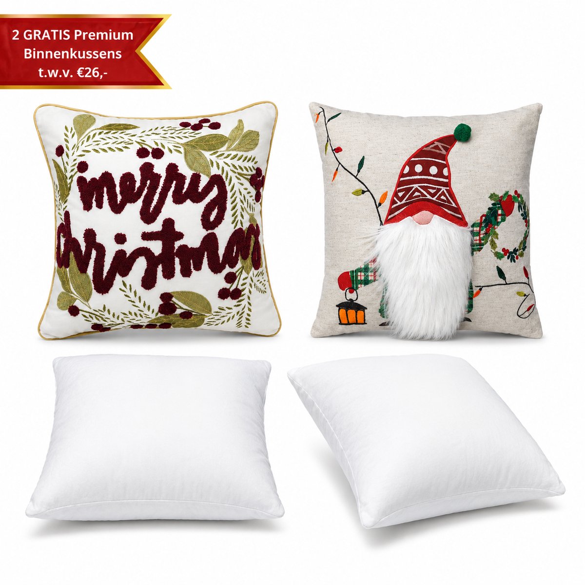 Urbane Hide Kerstkussen Set van 2 Kerst Kussenhoezen incl. Gratis Kussenvulling - Kerst Kussenhoes - Vierkant Kussenhoesjes - Kerstkussens met Merry Christmas & Kerstkabouter Borduursel - 45x45 cm - Katoen - Voor Binnen - Wit/Rood