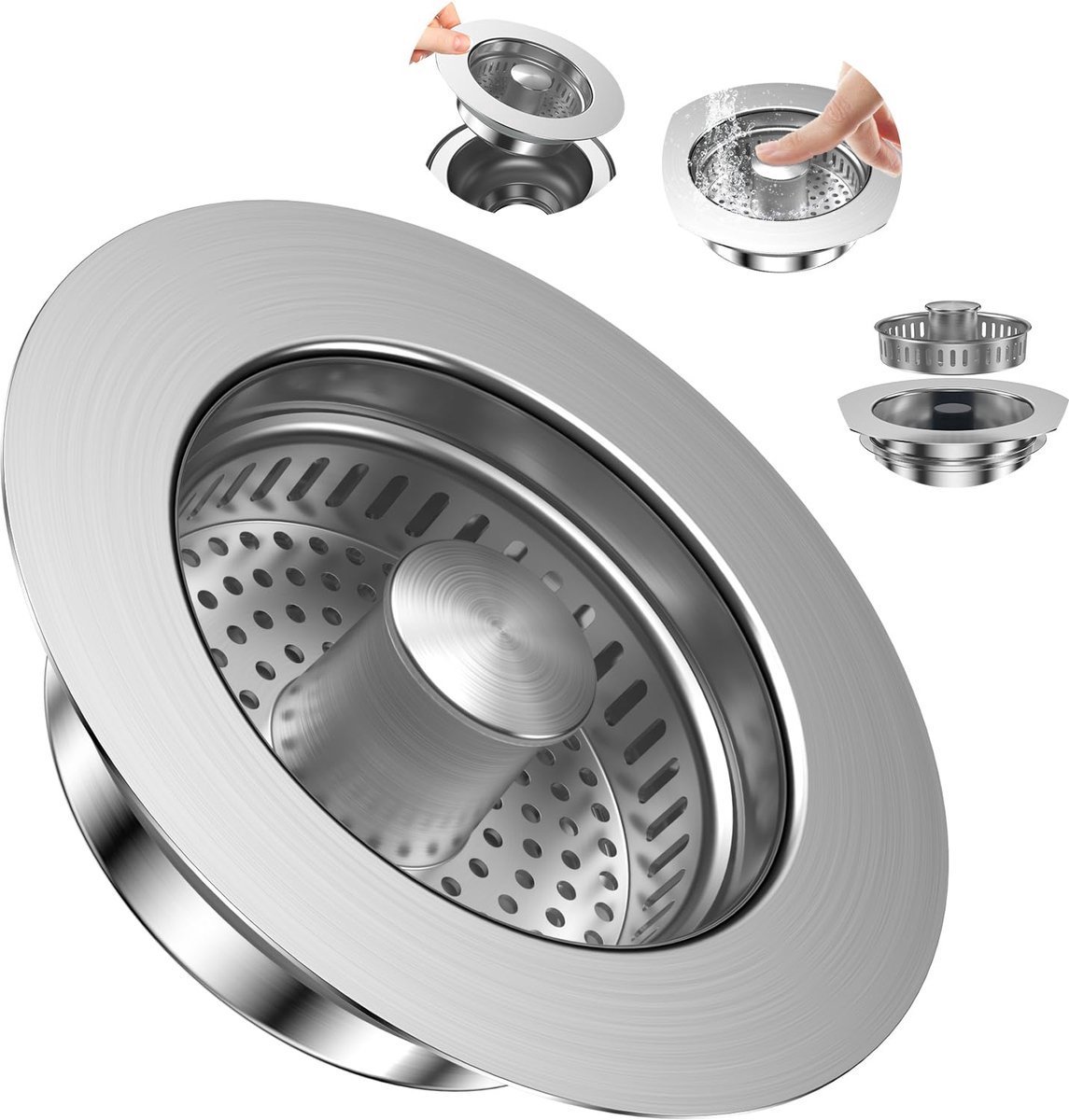 casalora® - Afvoerstop gootsteen - Afvoerplug wastafel - Afvoerzeef - 3-in-1 pop-up roestvrij stalen afvoerstop - met anti-verstoppingsmand - keukenspoelbak en wastafelstop - Korfplug voor spoelbakboring 75-86 mm, diepte > 40 mm