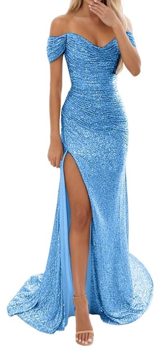 Pailletten Jurk Dames - Avondjurk Cocktailjurk - Feestelijke Gelegenheid - Schoudervrij Design - Lange Nauwsluitend - Zilver