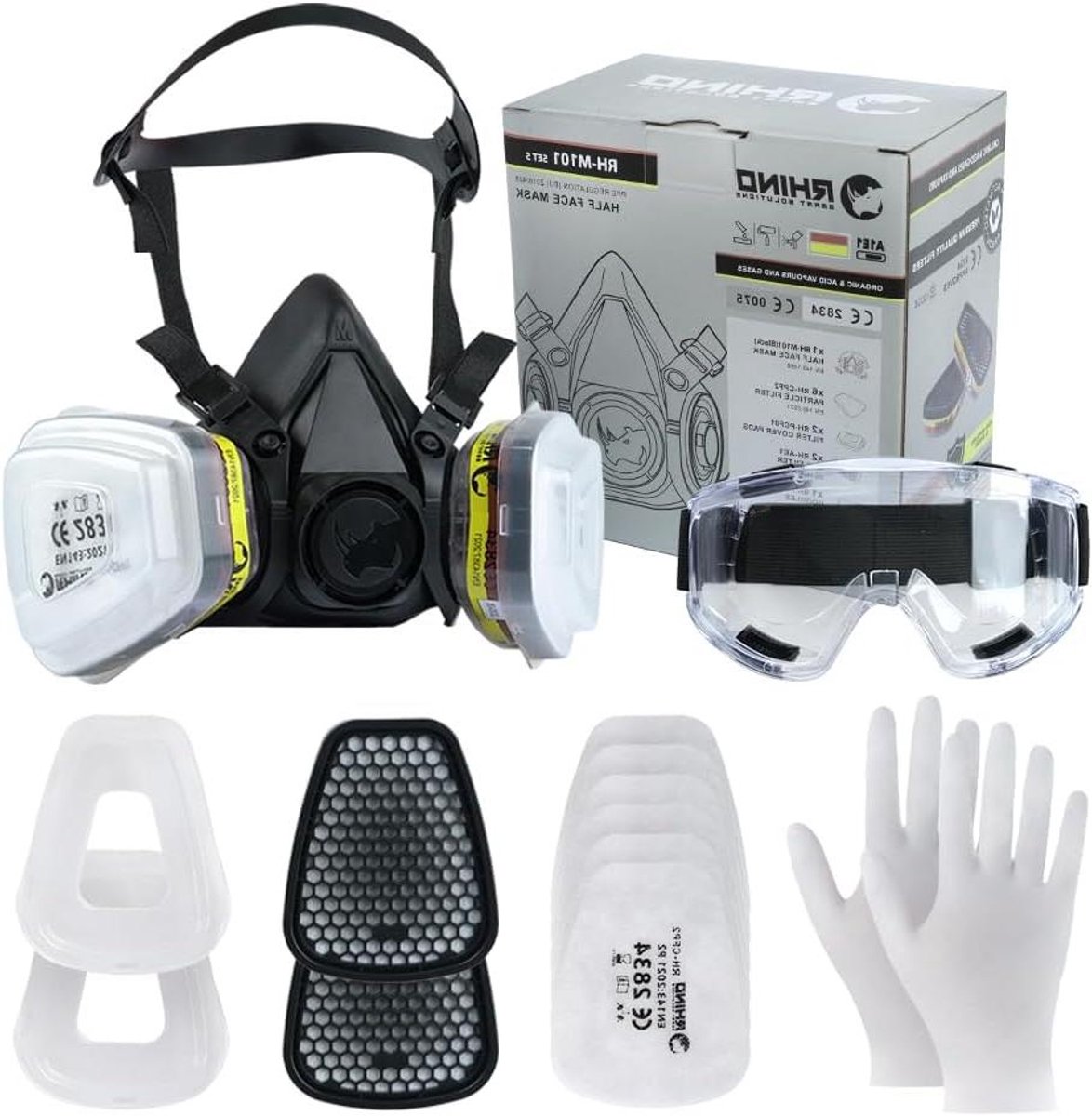 Herbruikbaar Gasmasker - Volledig Ademmasker - Veilig Werken - Dubbel Kleppensysteem - FFP2 en AE1 - Zwart