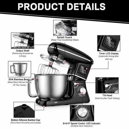 Homezo Blender - Keukenmixer - Keukenmachine - Mengkom 6,5 l - 1500W - 6 Snelheidsstanden - Deeghaak - Menghaak - Garde - Timer van Homezo — afbeelding 2