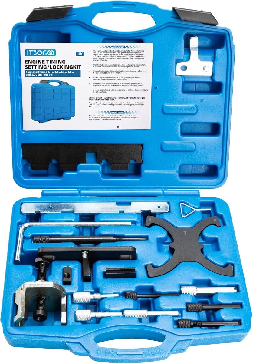 18-delige Motorafstelset, Timingriem Gereedschapset, Camshaft en Flywheel Locking voor Ford en Mazda 1.4 1.6 1.8 2.0 Di/TDCi/TDDi en ECOBOOST 1.6 Ti-VCT 1.5/1.6 VVT Motoren