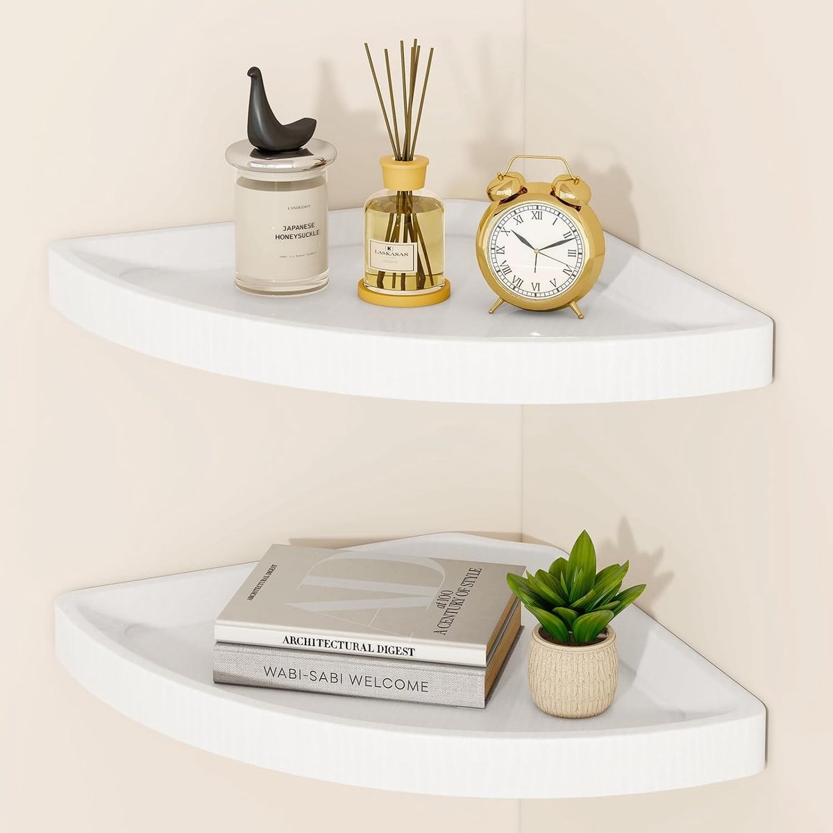 Hoekrek Set van 2 Stuks - Retro Wandplank voor Keuken, Slaapkamer en Woonkamer - Witte Drijvende Planken voor Landelijke Interieurstijl