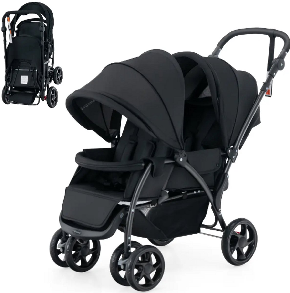 Dubbele Kinderwagen – Tandem Buggy voor 2 Kinderen – Verstelbare Rugleuning & Voetensteun – Opvouwbaar – 5-Puntsgordel – Zwart