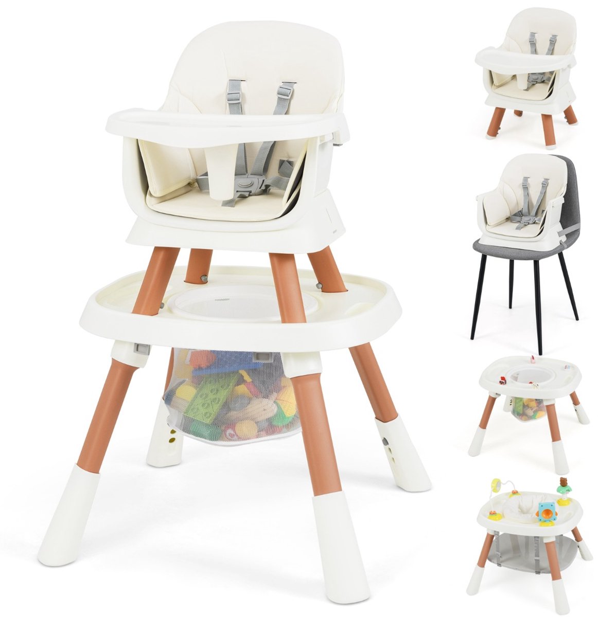 SureDeal® - Hoge kinderstoel - Omvormbare Stoel - Afneembare Tray - Punts Gordel Kinder - Stoelset Wit - 60x60x93 cm - Wit