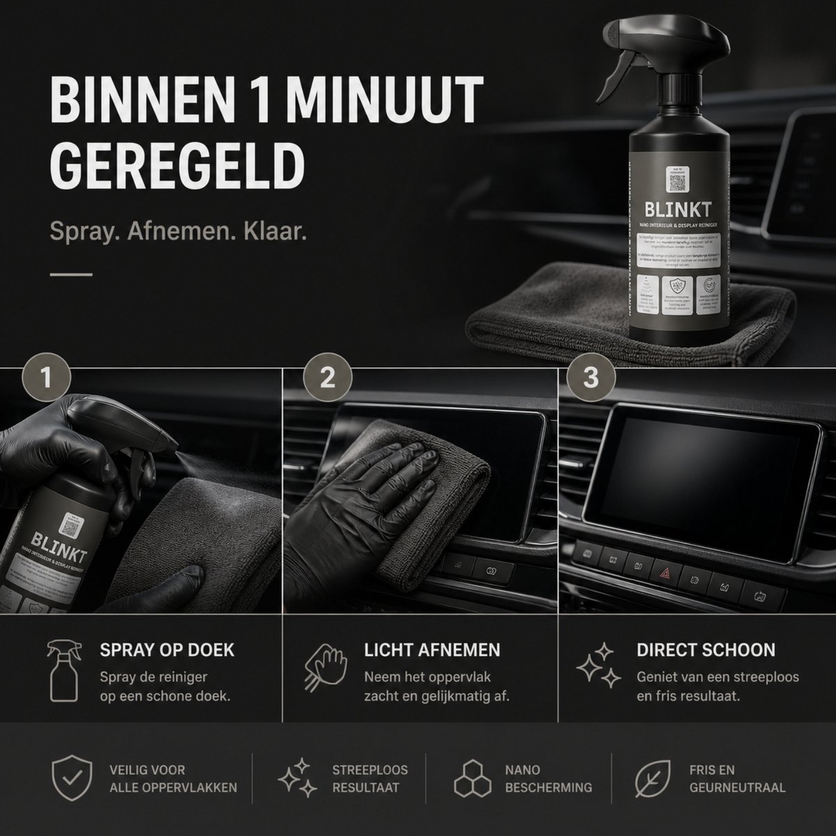 Interieur & Beeldschermreiniger met Nano Coating & 40x40cm Droogdoek Set - Dashboard & Touchscreen Reiniger - 500 ml - BLINKT – foto 4