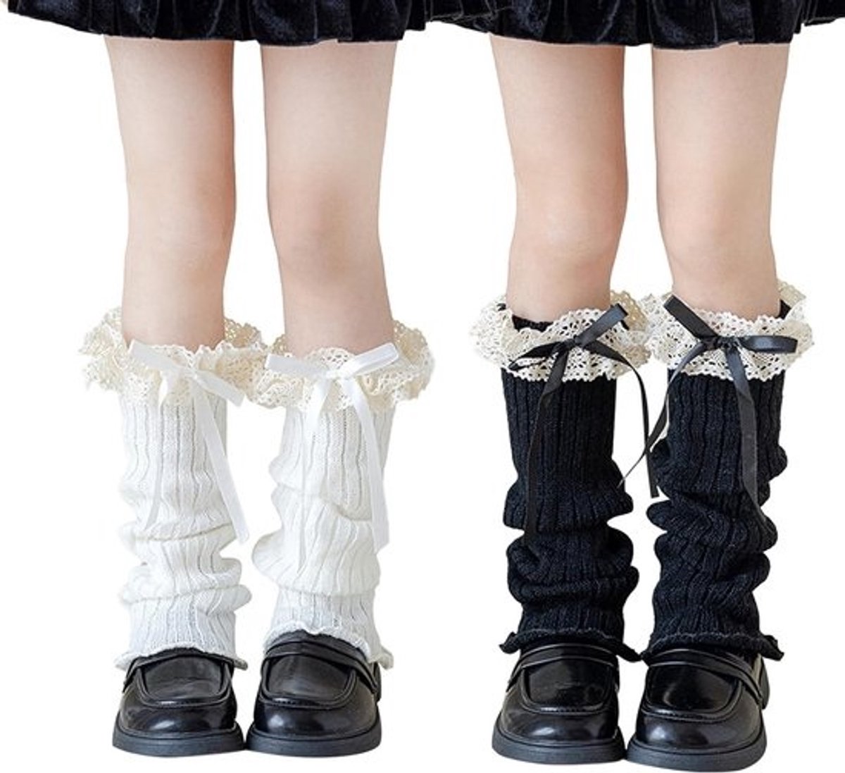 Kinder Beenwarmers - Kousen Panty - Warmte Bescherming - Met Kant Strik - One Size 6-12 Jaar - Wit Zwart