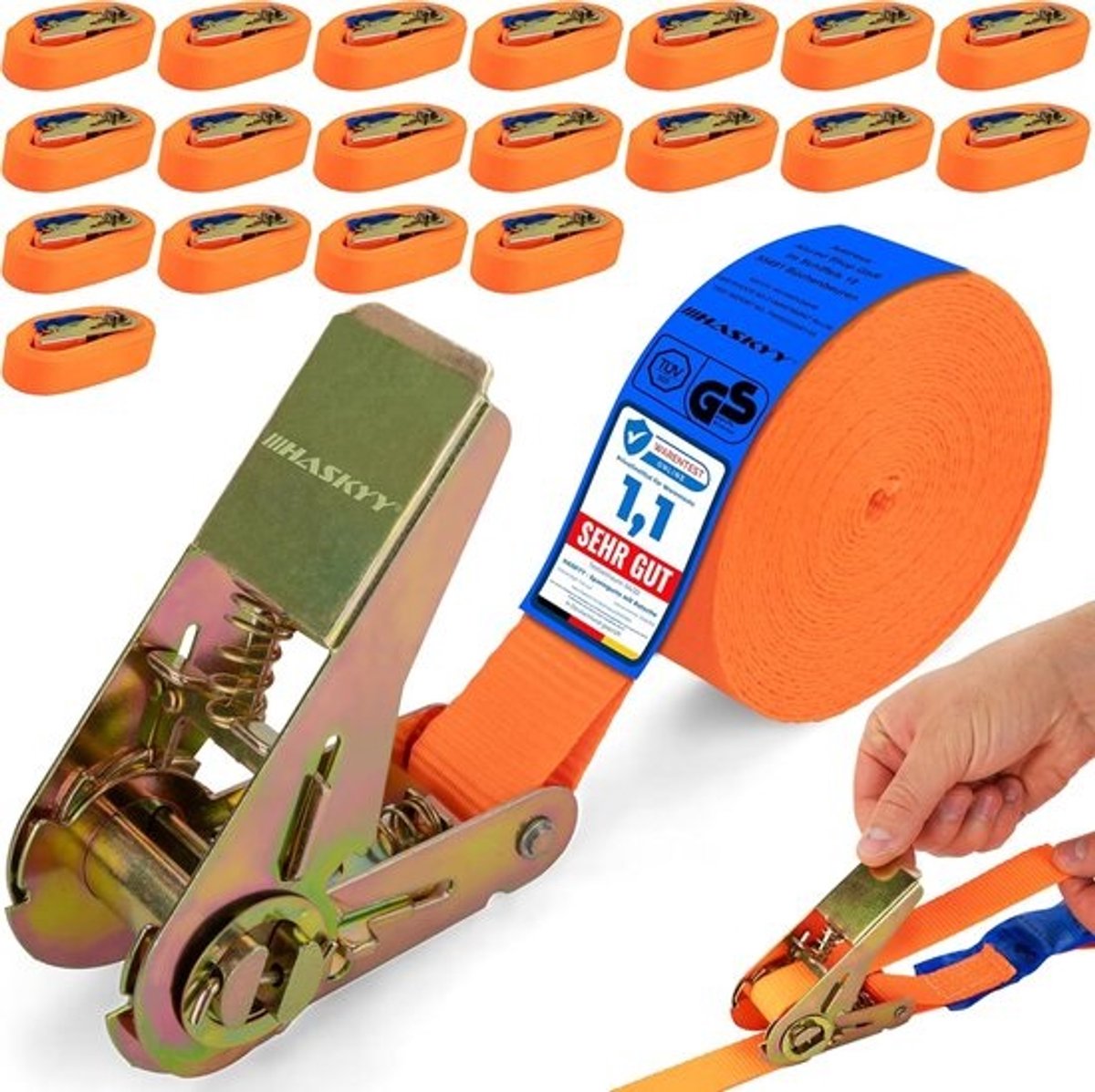 Spanbanden met ratel - Sjorbanden ratelbanden - Lading vastzetten - TÜV-gecertificeerd - 5 m x 27 mm - Oranje
