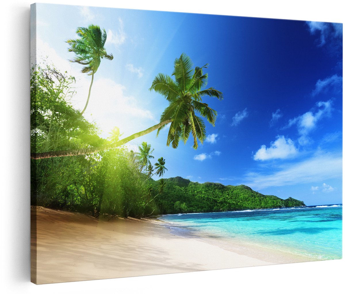 Artaza Canvas Schilderij Strand Tijdens Zonsondergang In Seychellen - 180x120 cm - Groot - Foto Op Canvas - Wanddecoratie Woonkamer