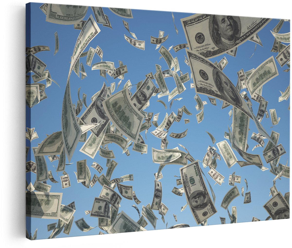 Artaza Canvas Schilderij Dollarbiljetten in de Lucht - Geld - 180x120 cm - Groot - Foto Op Canvas - Wanddecoratie Woonkamer