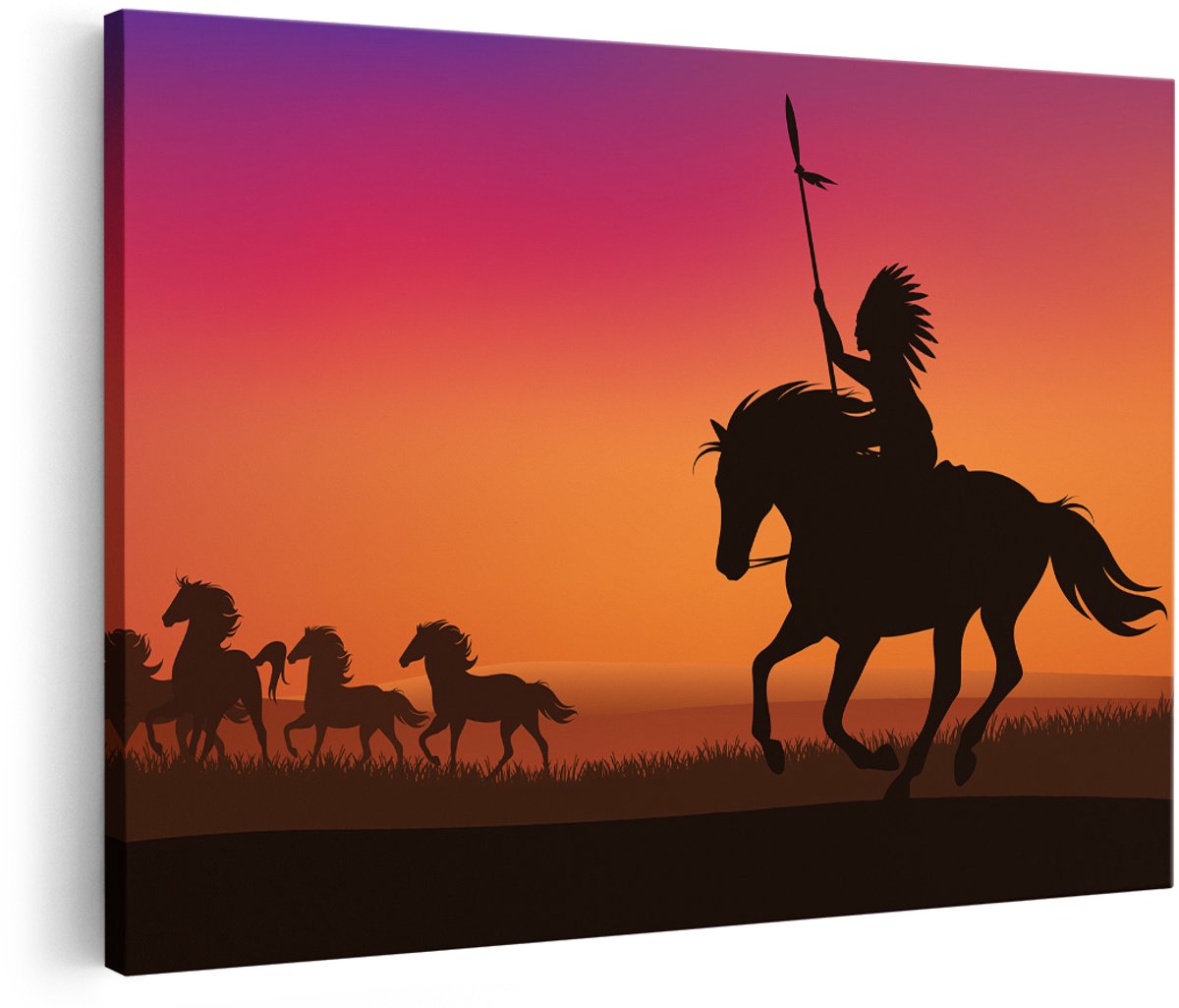Artaza Canvas Schilderij Silhouet van een Indiaan op een Paard - 180x120 cm - Groot - Foto Op Canvas - Wanddecoratie Woonkamer