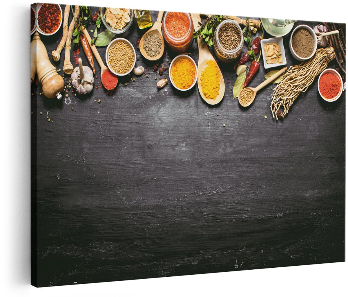 Artaza Canvas Schilderij Indiase Kruiden Op Een Zwarte Tafel - 180x120 cm - Groot - Foto Op Canvas - Wanddecoratie Woonkamer
