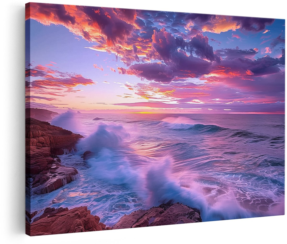 Artaza Canvas Schilderij Kleurrijke Zonsondergang over Rotsachtige Kust - Landschap - 180x120 cm - Groot - Wanddecoratie Woonkamer - Schilderijen - Muurdecoratie