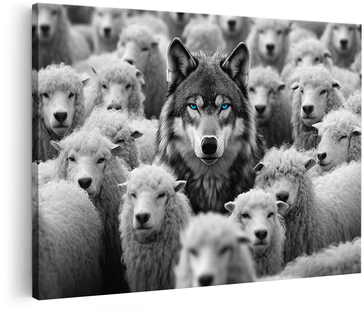 Artaza Canvas Schilderij Wolf - 180x120 cm - Groot - Wanddecoratie Dieren - Muurdecoratie Zwart Wit - Decoratie Schapen Kudde - Blauwe Ogen