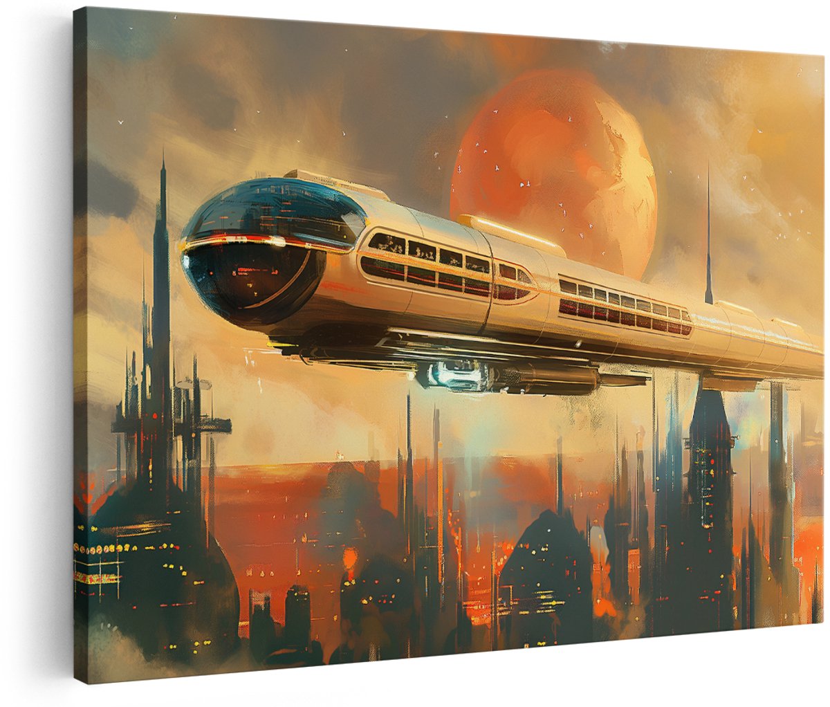 Artaza Canvas Schilderij Futuristische Luchttrein - 180x120 cm - Groot - Wanddecoratie Skyline - Muurdecoratie Zonsondergang - Decoratie Stad